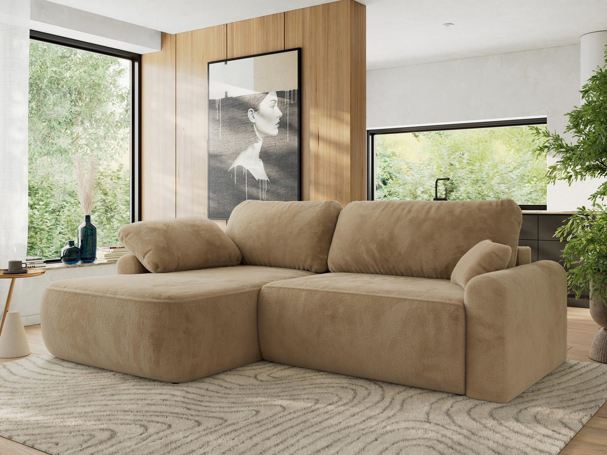 ECKSCHLAFSOFA CUBO L Beige Plüsch - links - Beige/Schwarz, Kunststoff/Textil (273/187cm) - MKS