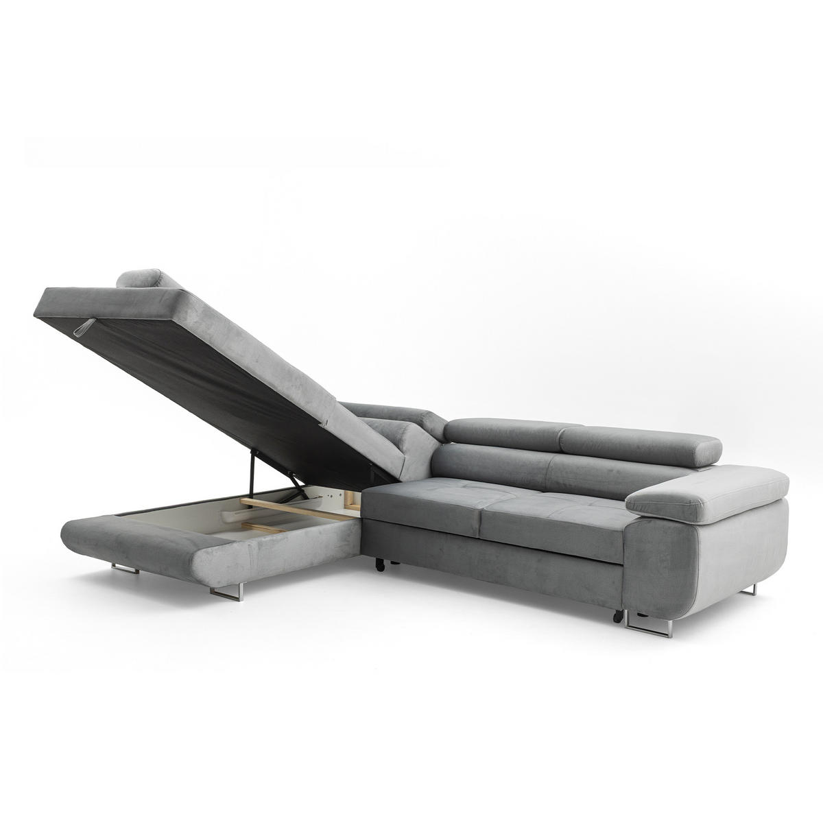 ECKSOFA WILD L Links mit Schlaffunktion 127x195 Velours Grau - Chromfarben/Grau, Holz/Textil (203/274cm) - Muffo