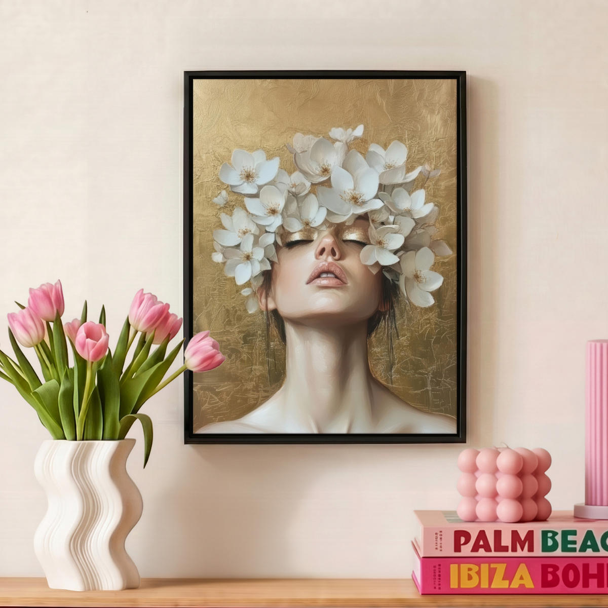 LEINWAND Bilder mit Rahmen - Gesicht - Blumen - Gold - Abstrakt - 30x40 - Goldfarben, Textil (30/40cm) - MuchoWow
