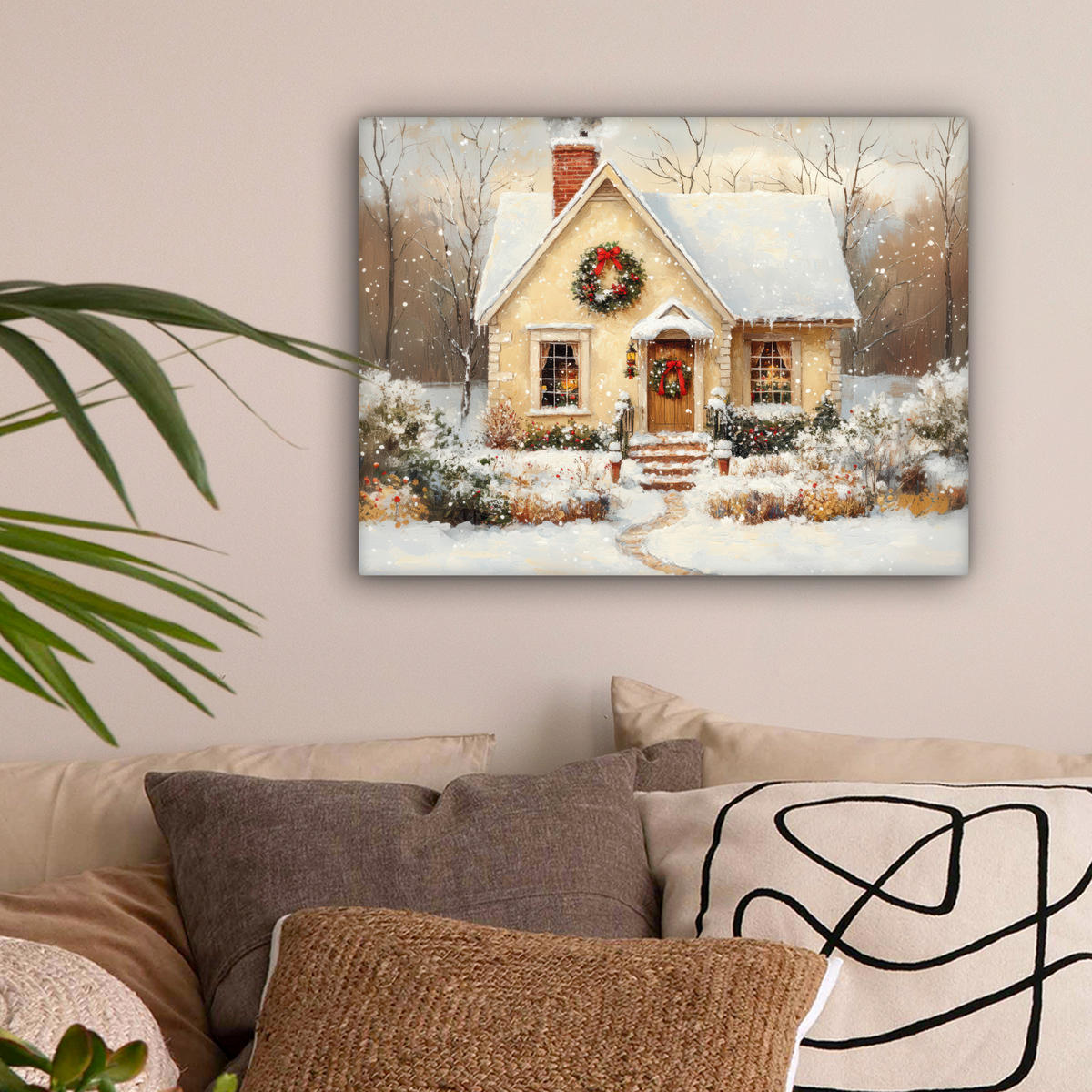 LEINWANDBILD Weihnachten - Zuhause - Winter - Schnee 40x30 cm - Creme, Textil (40/30cm) - MuchoWow