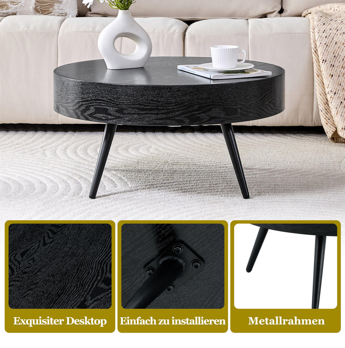 COUCHTISCH 70/35.5 cm Schwarz aus MDF und Metall in runder Form - Schwarz, Holzwerkstoff (70/70/35.5cm) - OKMYHOME