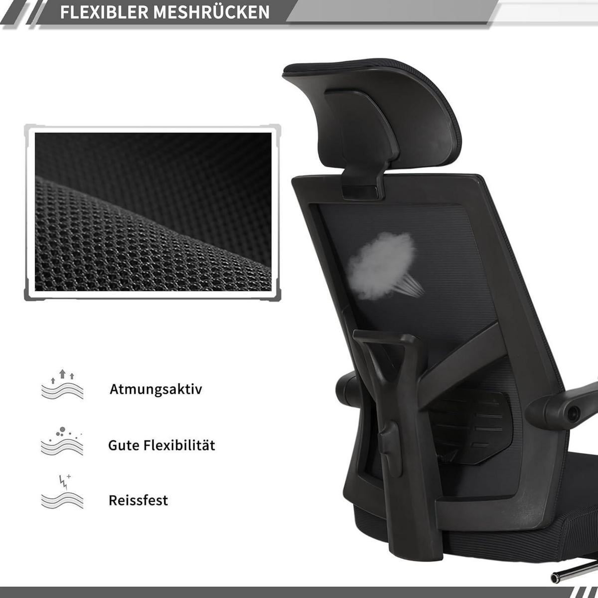BÜROSTUHL mit Fußstütze und verstellbarer Kopfstütze Schwarz - Schwarz, Textil (64/117/64cm)