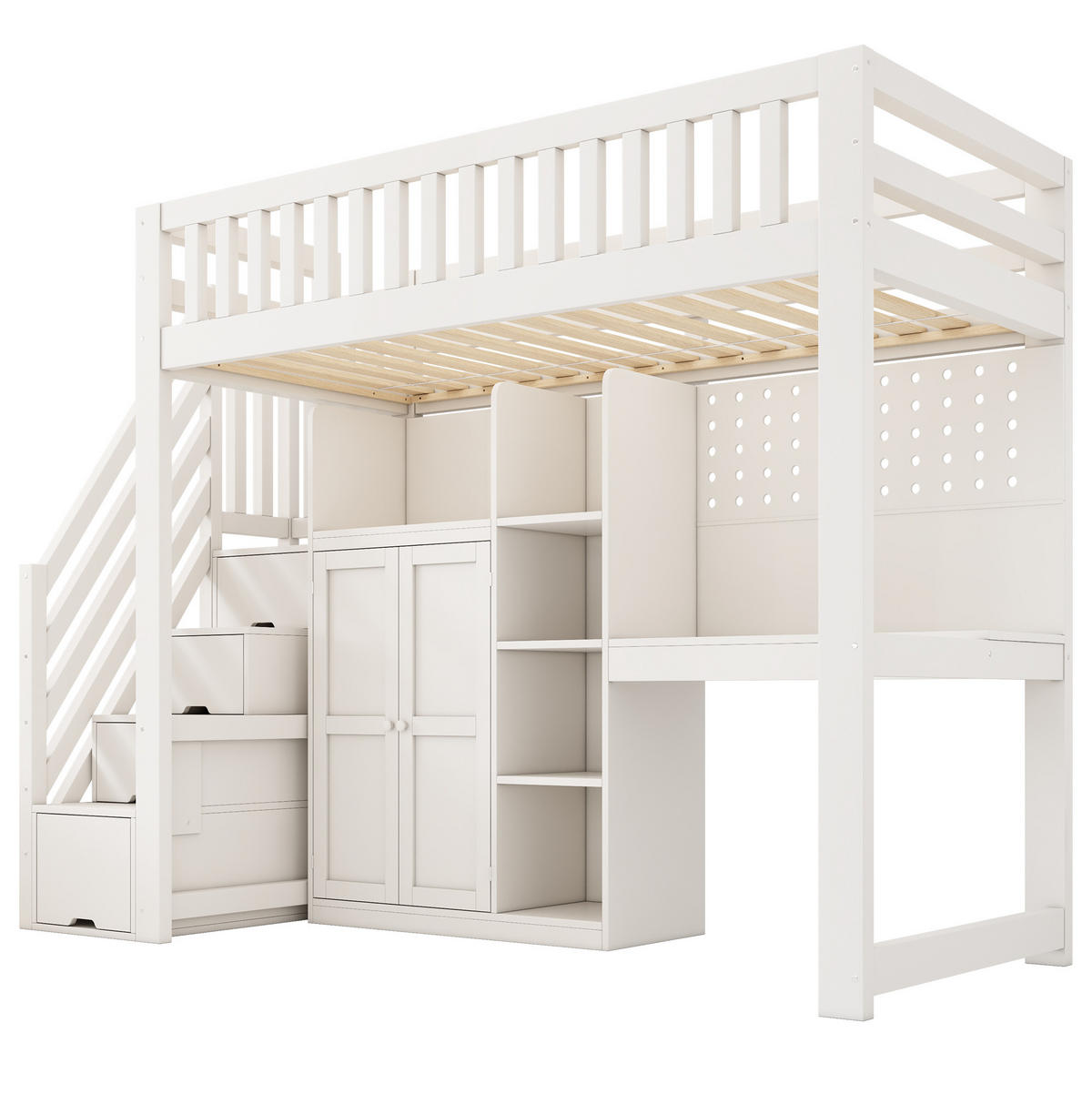 HOCHBETT 90/200 cm Weiß mit Schreibtisch, Kleiderschrank und USB-/Type-C-Anschlüssen - Weiß, Holzwerkstoff (90/200cm) - Flora Grace