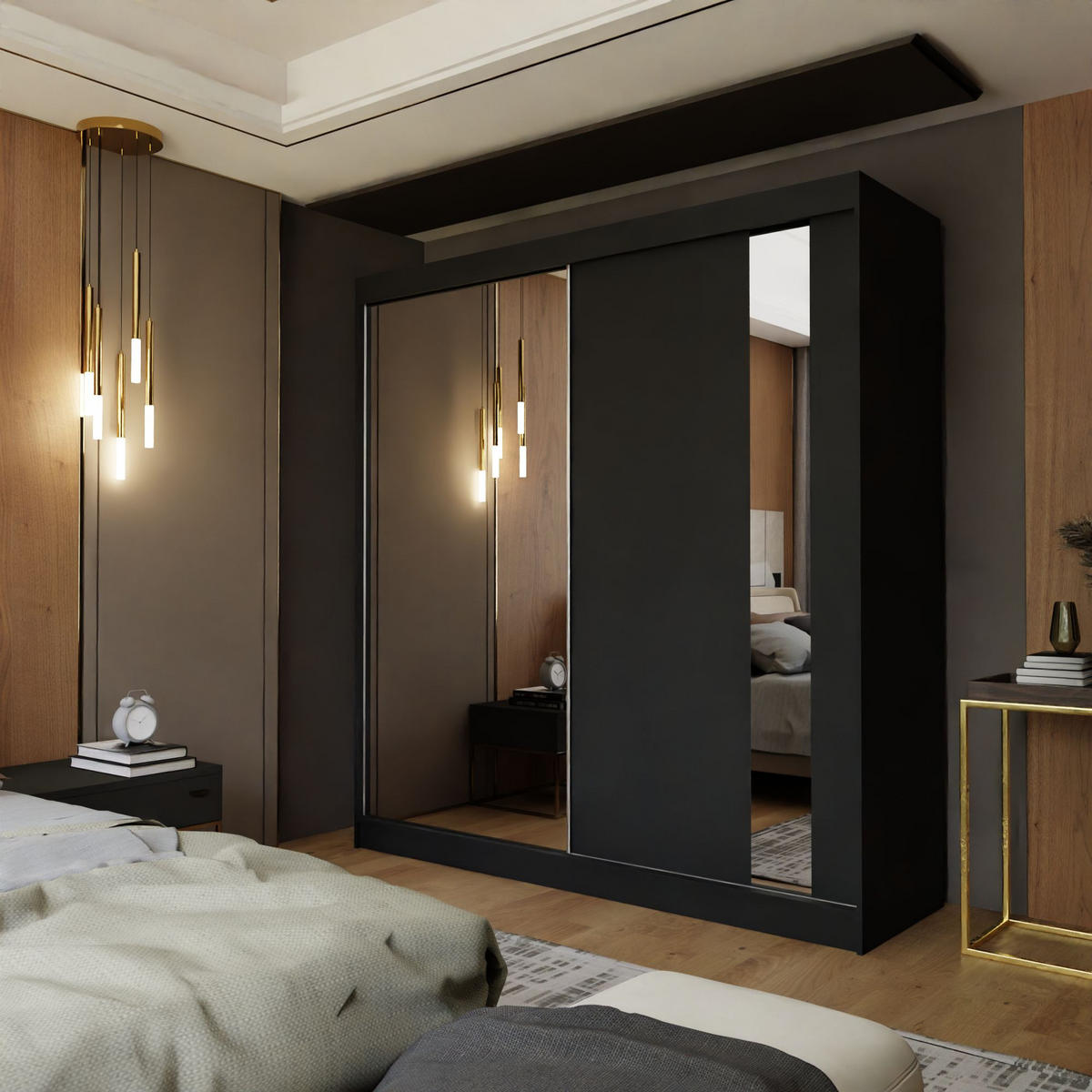 SCHWEBETÜRENSCHRANK GRAZIA 200/216/61 cm 2-türig mit Spiegel Schwarz - Schwarz, Holzwerkstoff (200/216/61cm) - MASSENO