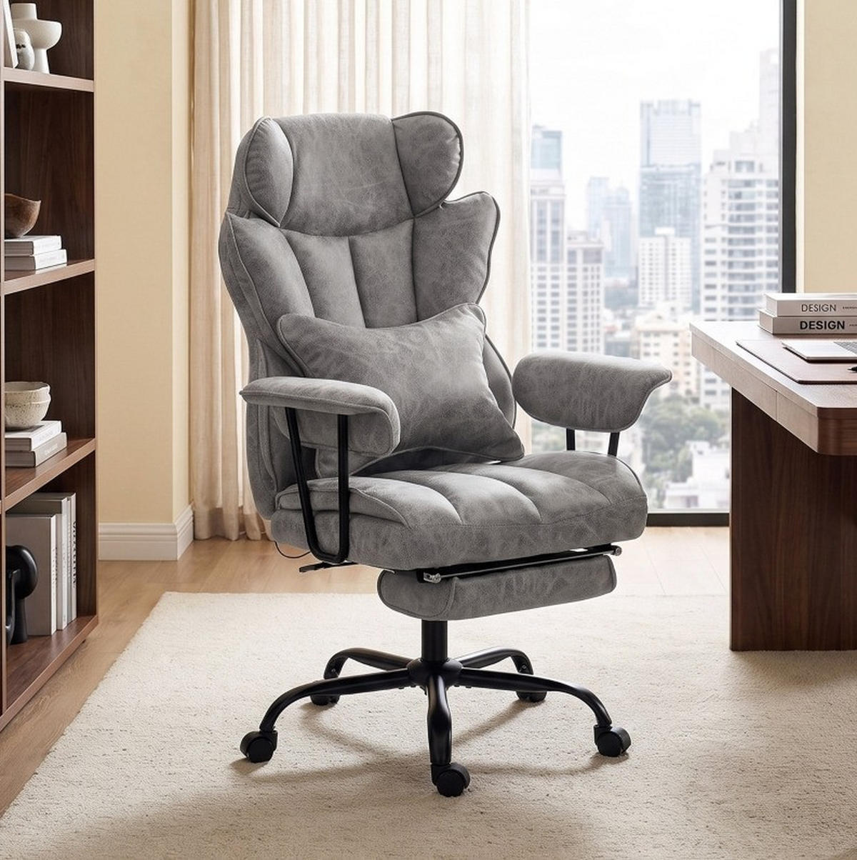 BÜROSTUHL in Grau 77x76x126 cm mit Massage, Wärmefunktion und ausziehbarer Fußstütze - Grau, Kunststoff (76/126/77cm) - IVMEU