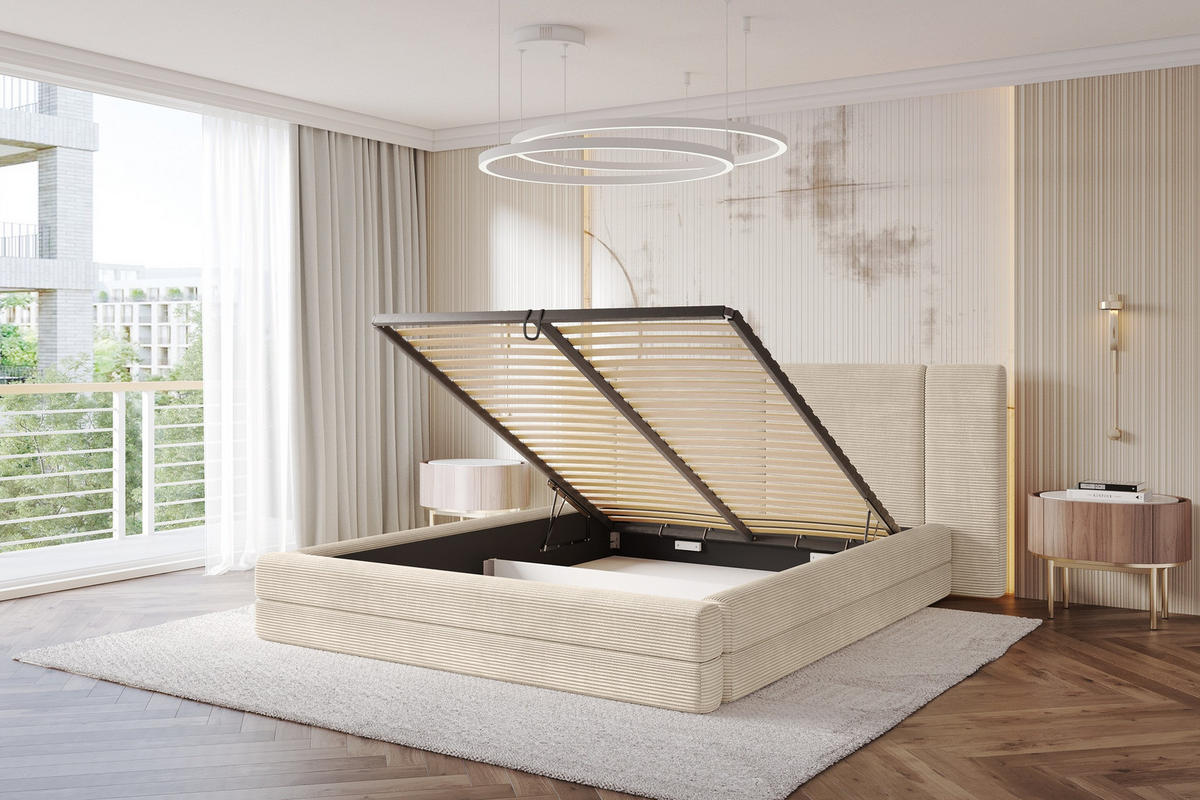 POLSTERBETT mit Bettkasten und Lattenrost, Boxbett ohne Matratze - TEVO 140x200 Beige - Creme, Holzwerkstoff/Textil (140/200cm) - ALTDECOR