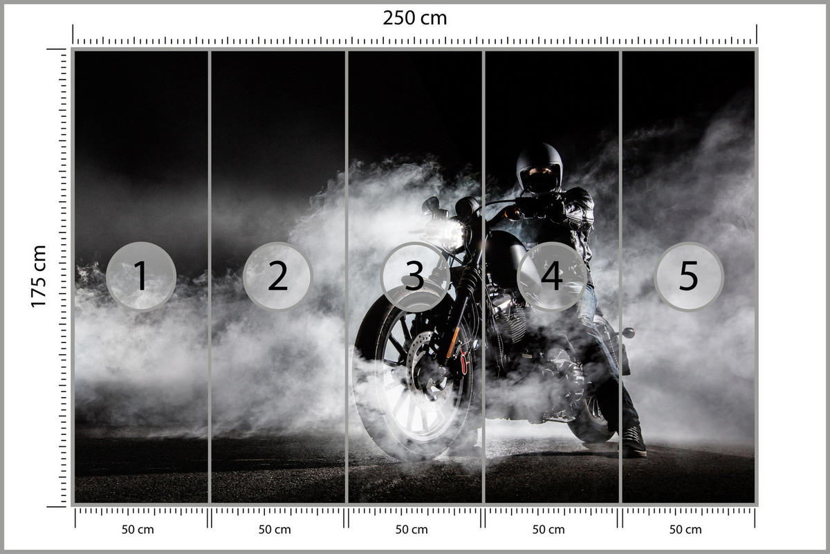 FOTOTAPETE für Jugendzimmer Motorrad Nebel Mann Straße Rauch Sport Action 250x175 - Schwarz/Weiß, Papier (250/175cm) - Muralo