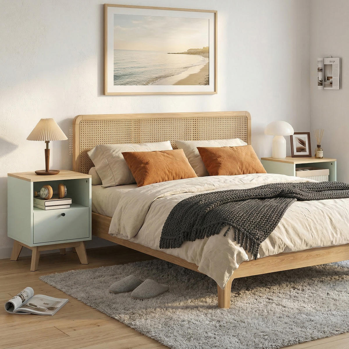 NACHTTISCH Eichenoptik Hellgrün MDF mit Schublade und offenem Fach 2er-Set - Hellgrün, Holzwerkstoff (40/55/40cm) - PANGIVO