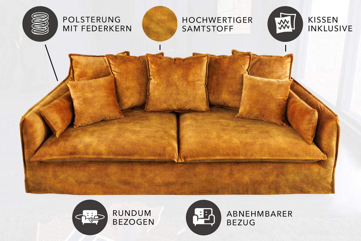 3-SITZER SOFA HEAVEN Samt Senfgelb 200 cm - Gelb, Holz/Textil (202/88/105cm) - riess-ambiente