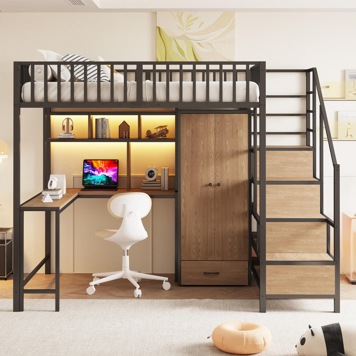 HOCHBETT 140/200 cm in Schwarz mit Schreibtisch, Kleiderschrank und LED-Beleuchtung - Schwarz, Metall (140/200cm) - Flora Grace