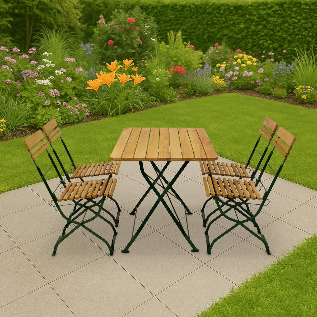 BIERGARTEN- GARTEN-GARNITUR Darwin 5-teilig, Flachstahl - Garten-Garnitur 5-teilig, Flachstahl Robinienholz -Gestell verzinkt grün - Grün, Holz - TPFGarden