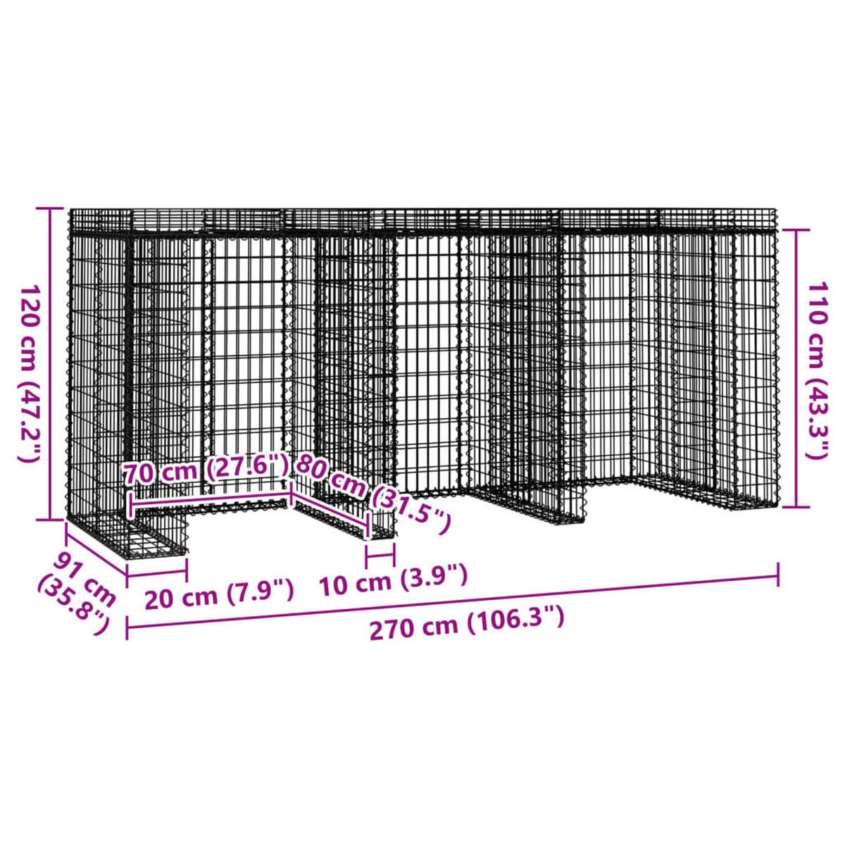 3ER Gabionen Mülltonnenbox ESOL mit Dach | 120x270x91cm | Für 3 Tonnen - Silberfarben, Metall (270/120/91cm) - DELUKE