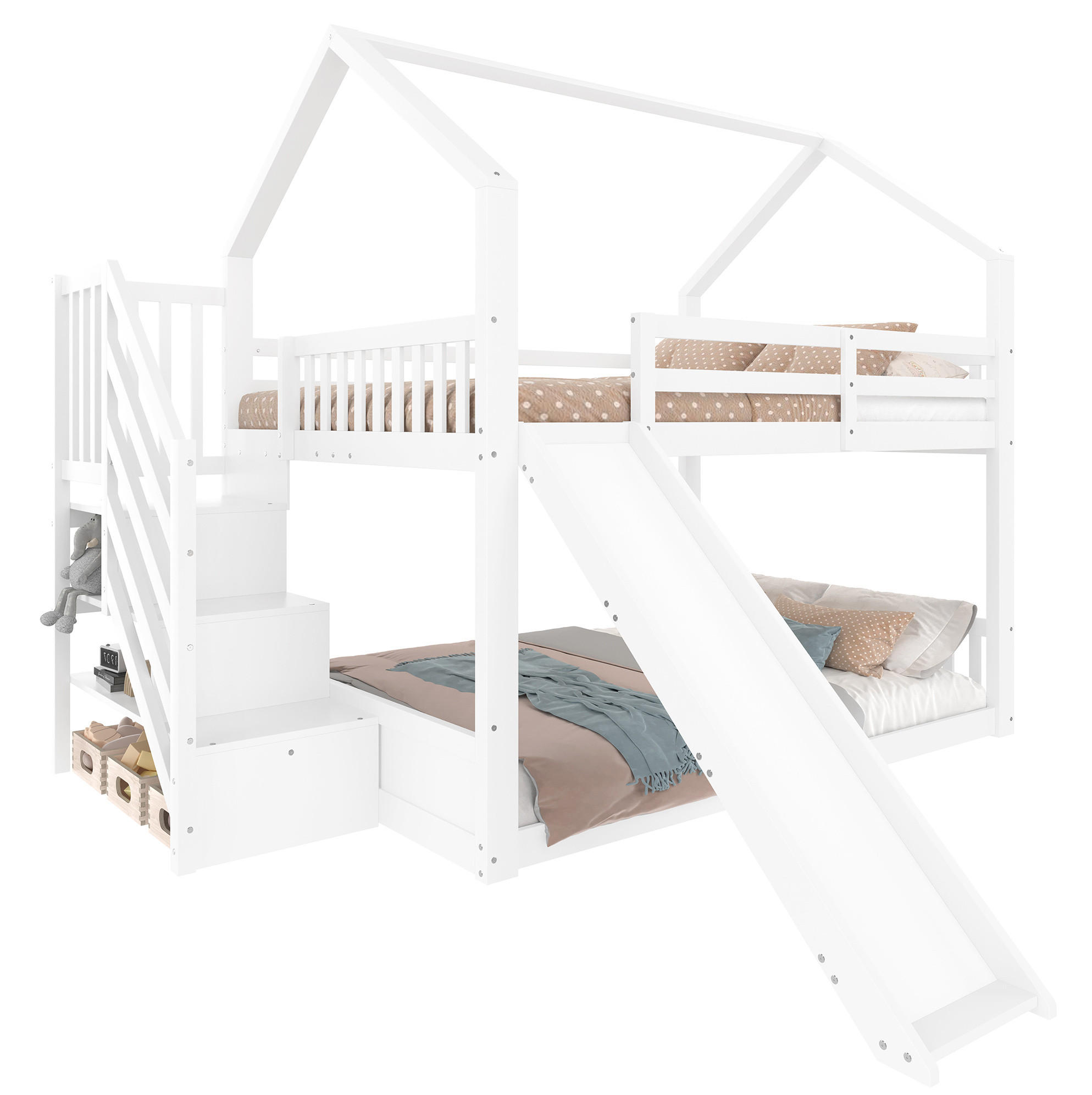 ETAGENBETT 140/200 cm weiß mit Stauraumtreppe und Rutsche - Weiß, Holz (140/200cm) - OKWISH
