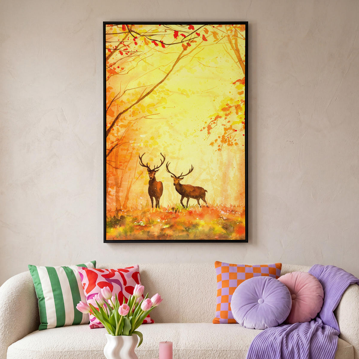 LEINWAND Bilder mit Rahmen - Natur - Ölfarbe - Hirsche - Tiere - Herbst - Orange - 80x120 - Orange, Textil (80/120cm) - MuchoWow