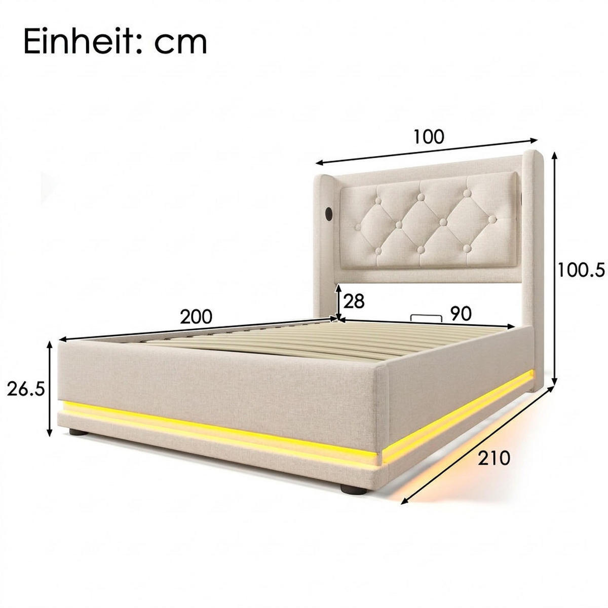 POLSTERBETT 90/200 cm Beige mit USB Typ-C Ladefunktion und 3-seitige LED-Funktion - Beige, Textil (90/200cm) - Oxeza