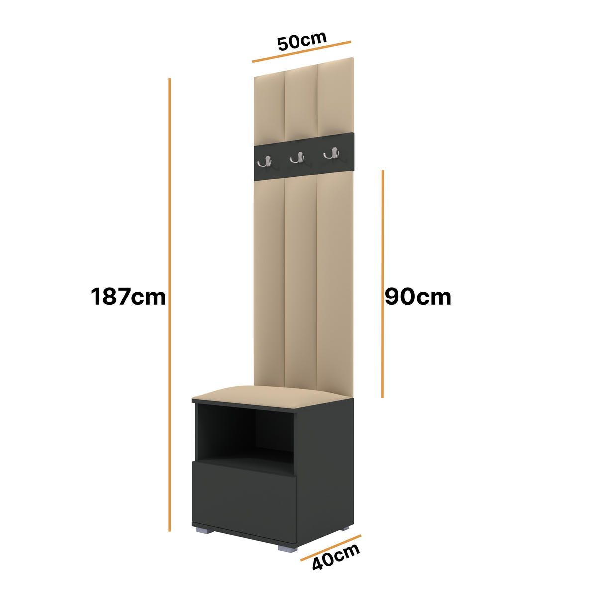 GEPOLSTERT Garderoben-Set Nela IV LUX (Farbe Graphit + Stoff Trinity 04) - Beige/Silberfarben, Holz/Holzwerkstoff (50/187/40cm) - Ravio
