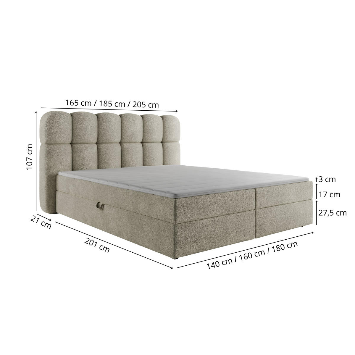 BOXSPRINGBETT SOFTI II 160x200 cm, Cremeweiß Bouclé, inkl. Bettkasten & Topper - Creme, Textil (160/200cm) - Excellent Home