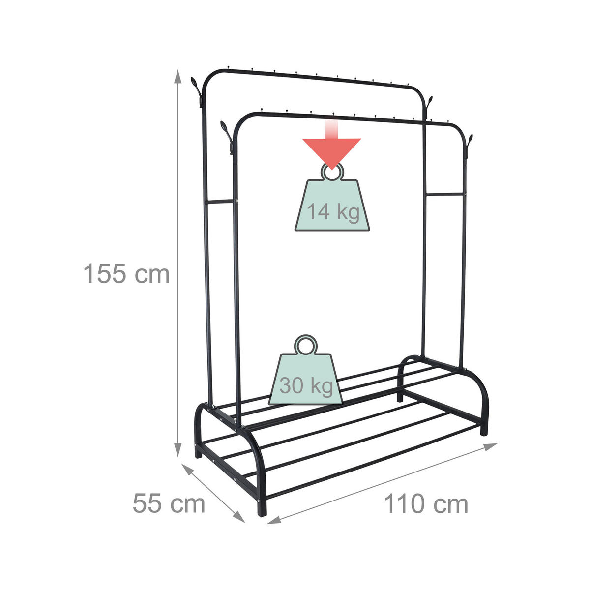 KLEIDERSTÄNDER - Schwarz, Kunststoff/Metall (110/155/55cm) - Relaxdays