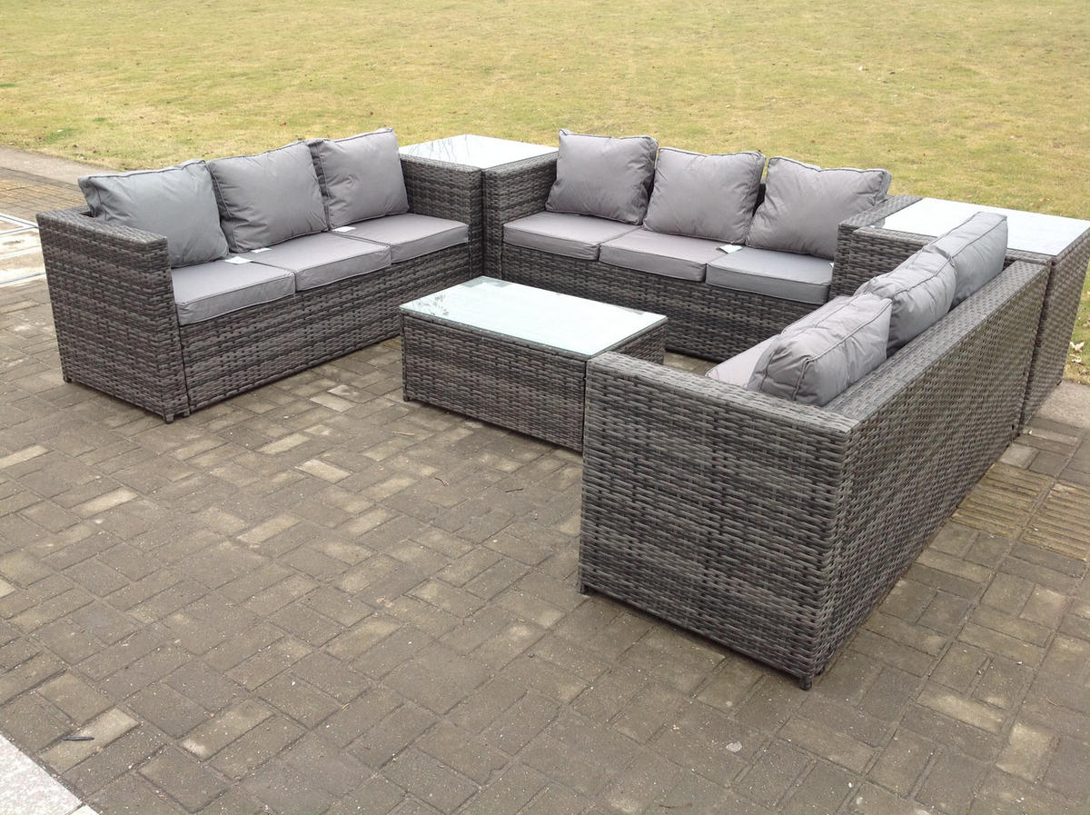 GARTENSET Polyrattan 9-Sitzer - Dunkelgrau/Grau, Glas/Kunststoff - Fimous