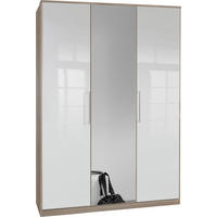 KLEIDERSCHRANK Greven in Hochglanz Lack Weiß mit Eiche Sägerau 135x199x58 cm (BxHxT) – Drehtürenschrank 3-türig mit Spiegeltür - Weiß/Braun, Holzwerkstoff (120/200/80cm)