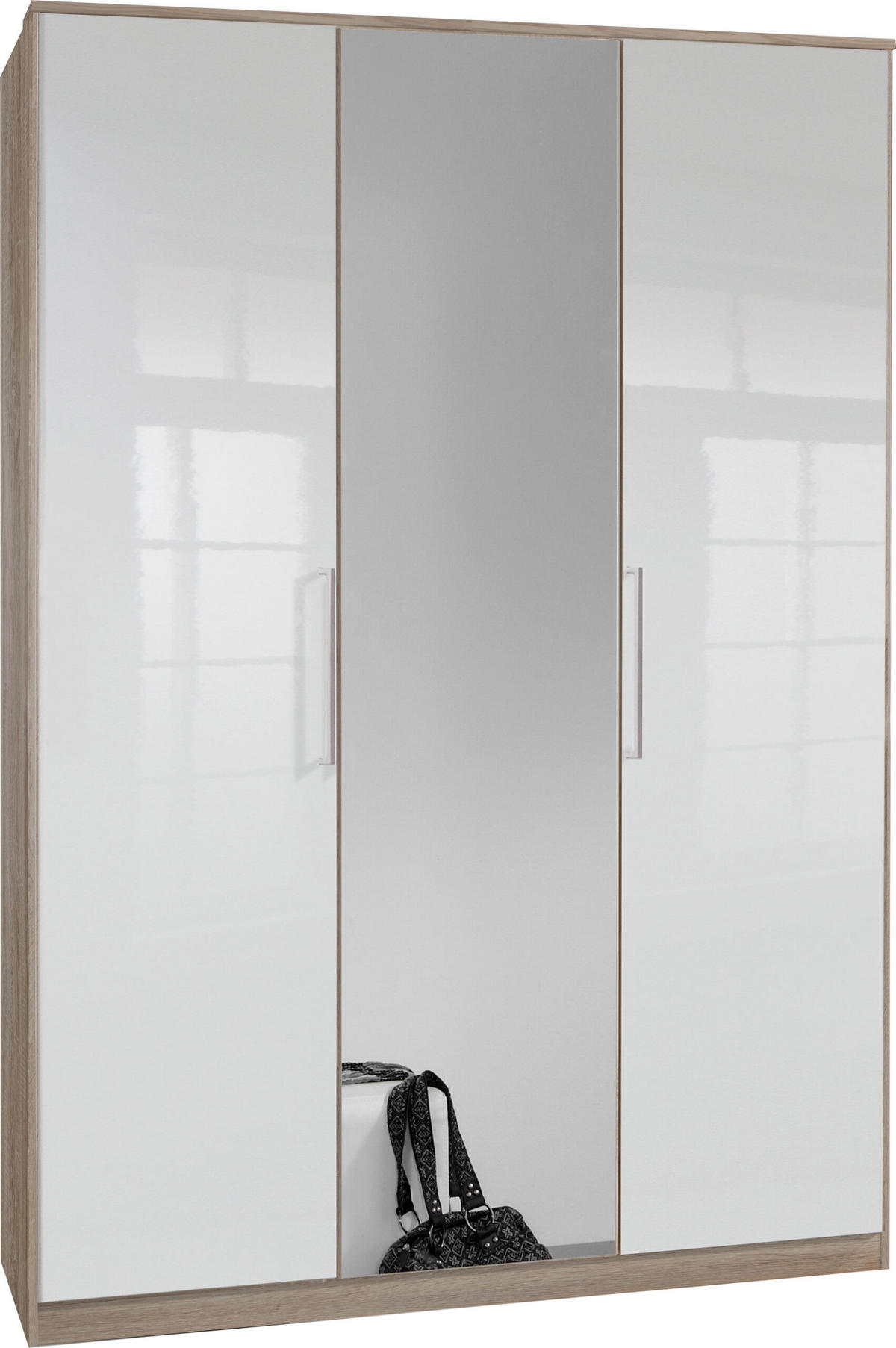 KLEIDERSCHRANK Greven in Hochglanz Lack Weiß mit Eiche Sägerau 135x199x58 cm (BxHxT) – Drehtürenschrank 3-türig mit Spiegeltür - Weiß/Braun, Holzwerkstoff (120/200/80cm)