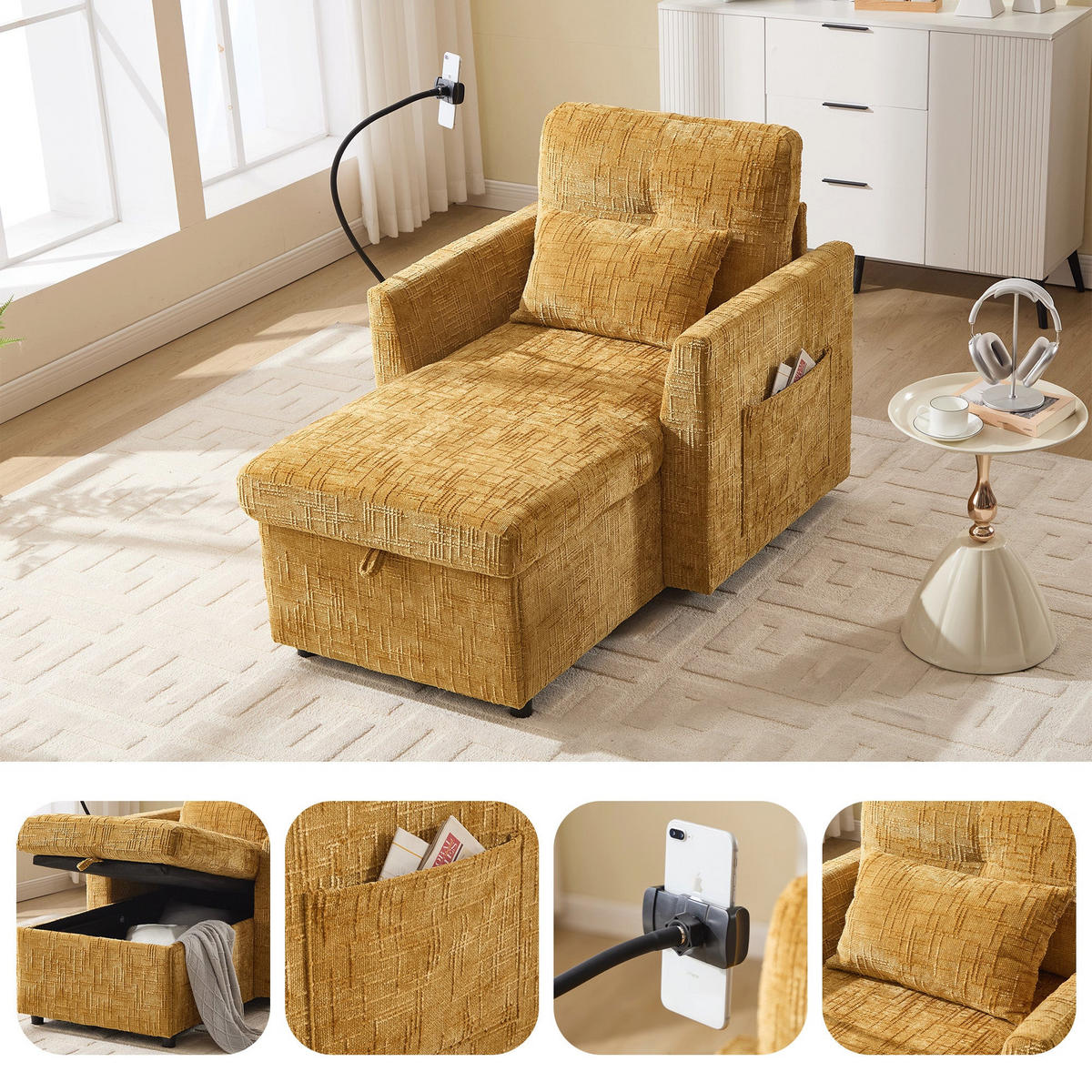 SCHLAFSOFA in Senfgelb aus Chenille mit Handyhalterung & Stauraum - Gelb/Grün, Textil (84/87/125cm) - Urban Meuble