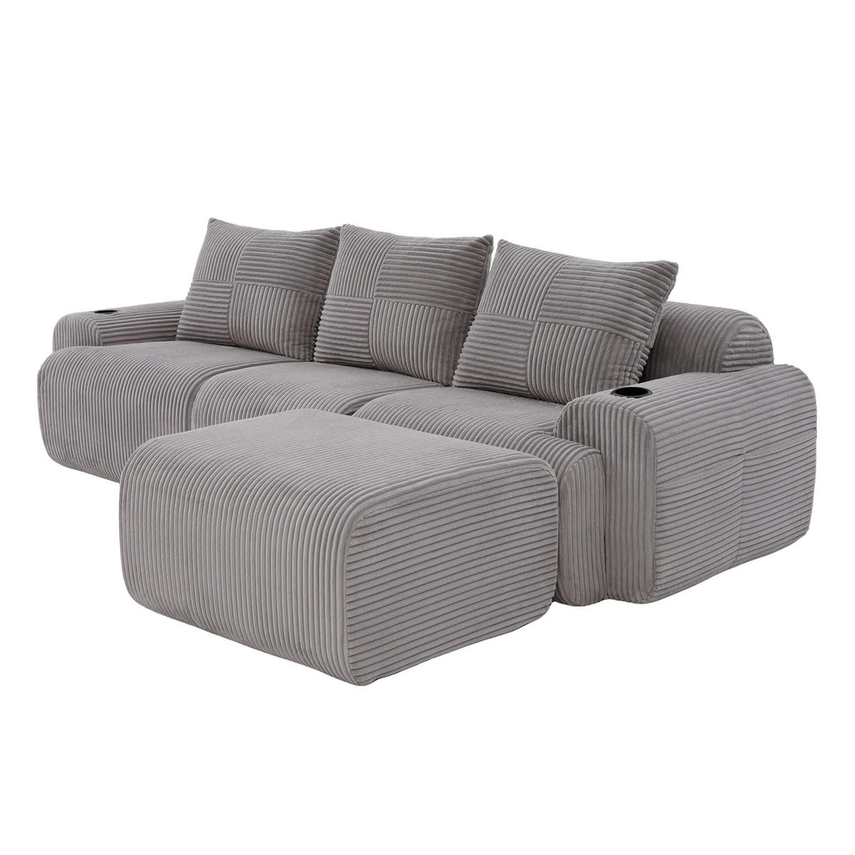 ECKSOFA 3-Sitzer Cordstoff Hellgrau mit Hocker 268/174/80 cm - Hellgrau, Textil (174/268cm) - Korfee