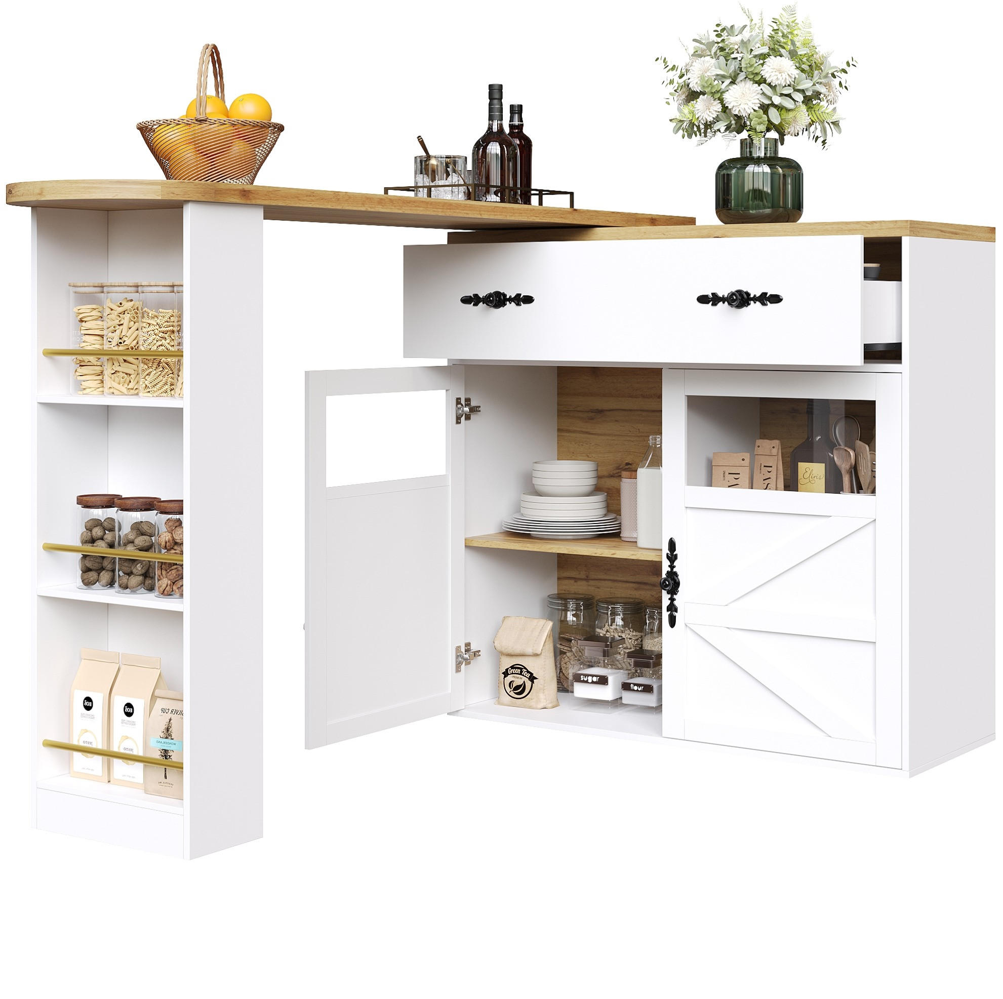Modfu BAROVÝ stůl z MDF 138-204x39x104 cm bílý s 360° otočnou deskou a úložným prostorem