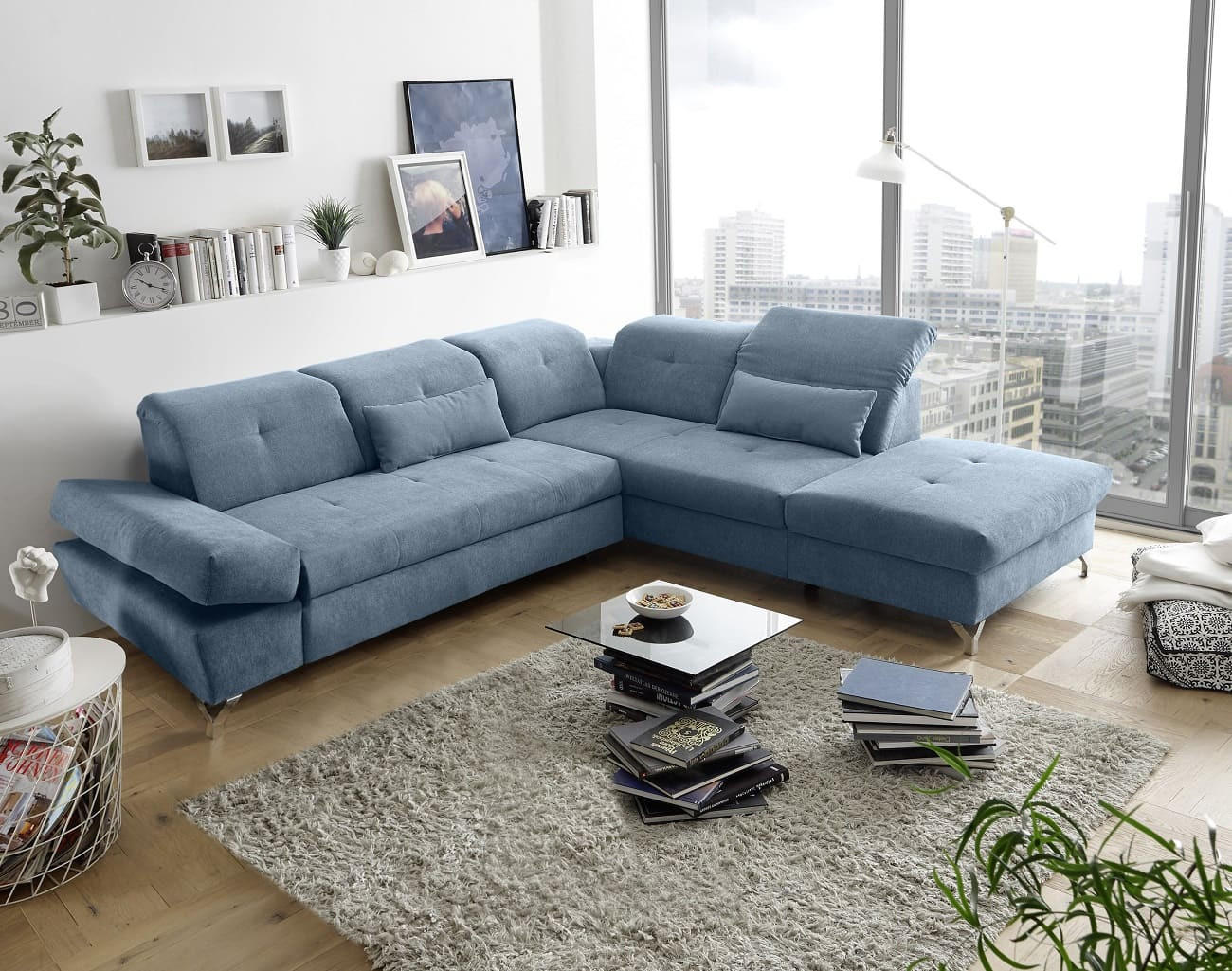 ECKSOFA mit Schlaffunktion und verstellbaren Kopflehnen - Chromfarben/Blau, Textil/Metall (245/275cm) - ed exciting design