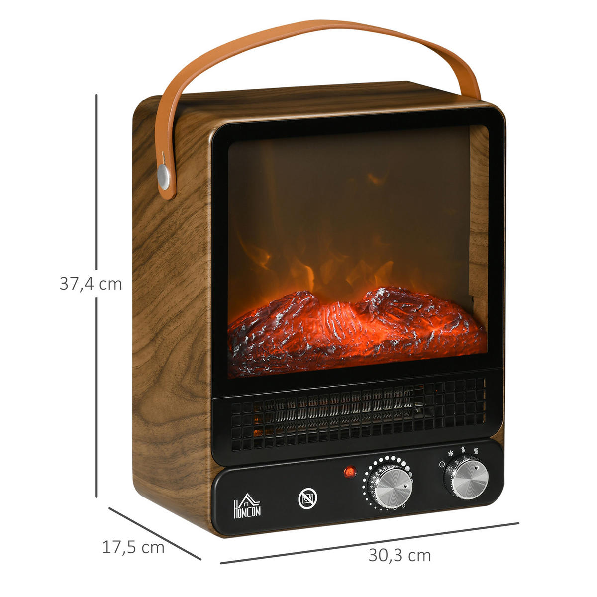 ELEKTROKAMIN mit Flammeneffekt, 750/1500W, für Wohnzimmer & Innenräume - Braun, Metall (17.5/37.4/30.3cm) - HOMCOM