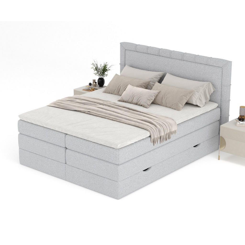 Thumbnail - Maison de Reve Boxspringbett, Hellgrau, Textil, Buche, Kiefer, H3, Höhe ca. 37 cm, 140x200 cm, FSC 100%, Made in EU, Oek...