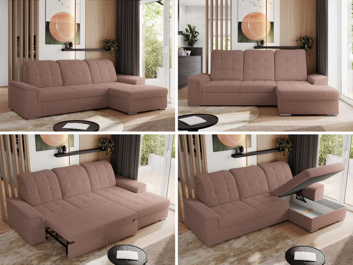 ECKSOFA MADRITO L - Rosa Boucle - Rechts - Silberfarben/Rosa, Textil/Metall (256/160cm)