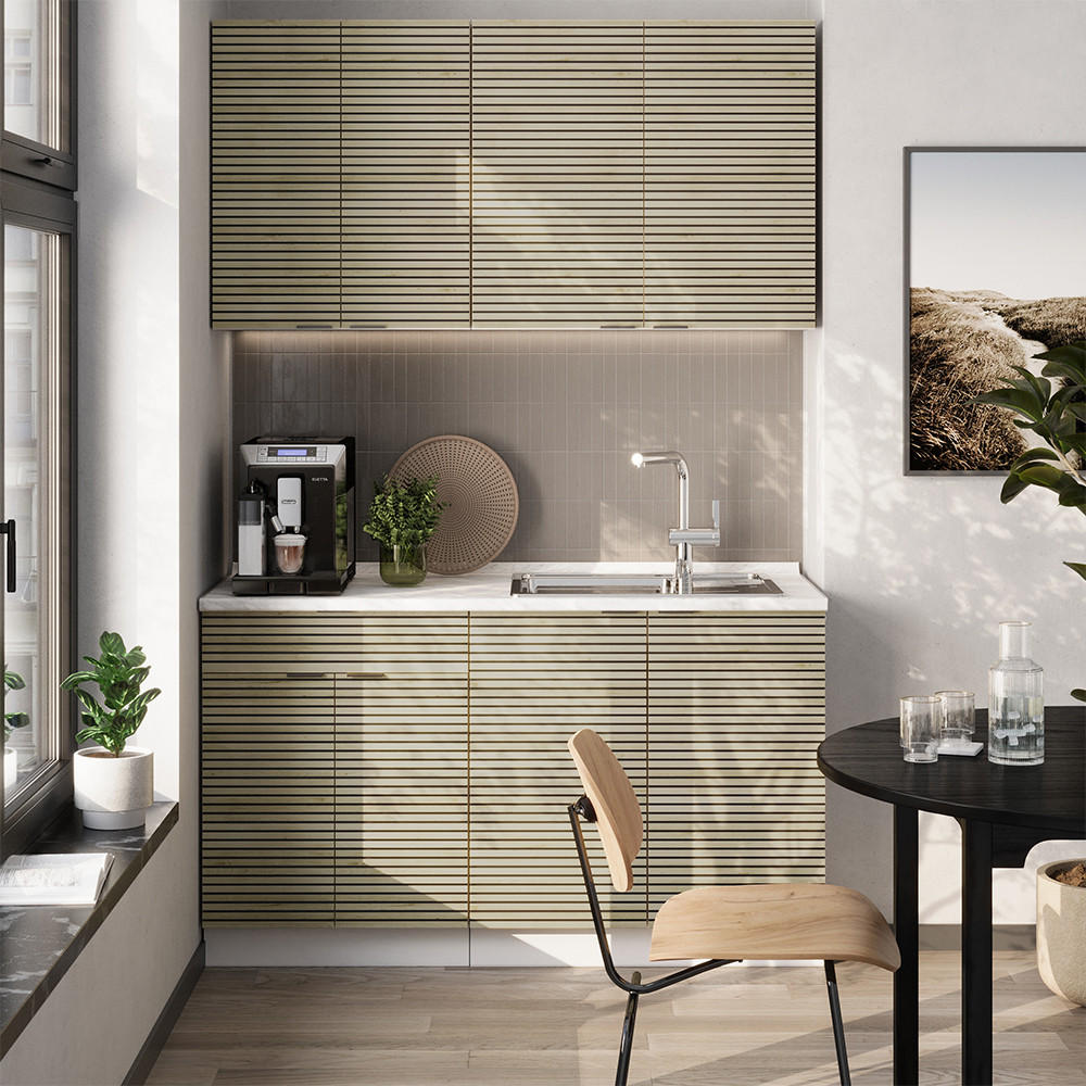 SINGLEKÜCHE Fame-Line Eiche Paneel/Weiß 140 cm , AP Marmor - Hellbraun/Weiß, Holzwerkstoff (140/81.6/60cm) - Vicco