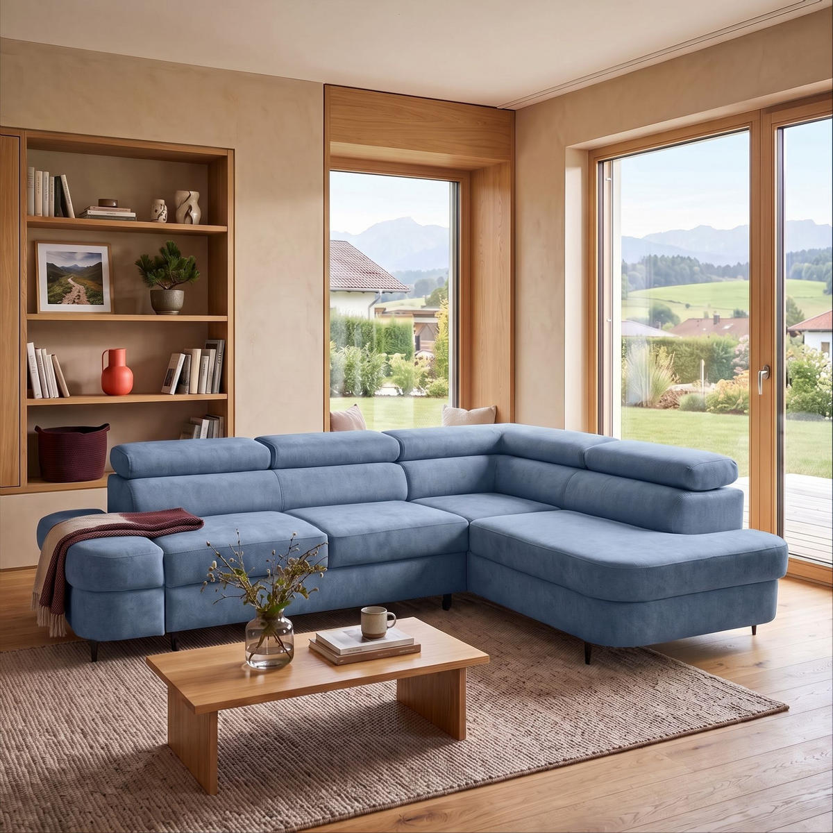 ECKSOFA PRIAM L Rechts mit Schlaffunktion 125x195 Velours Blau - Blau/Schwarz, Holz/Textil (203/275cm) - Muffo