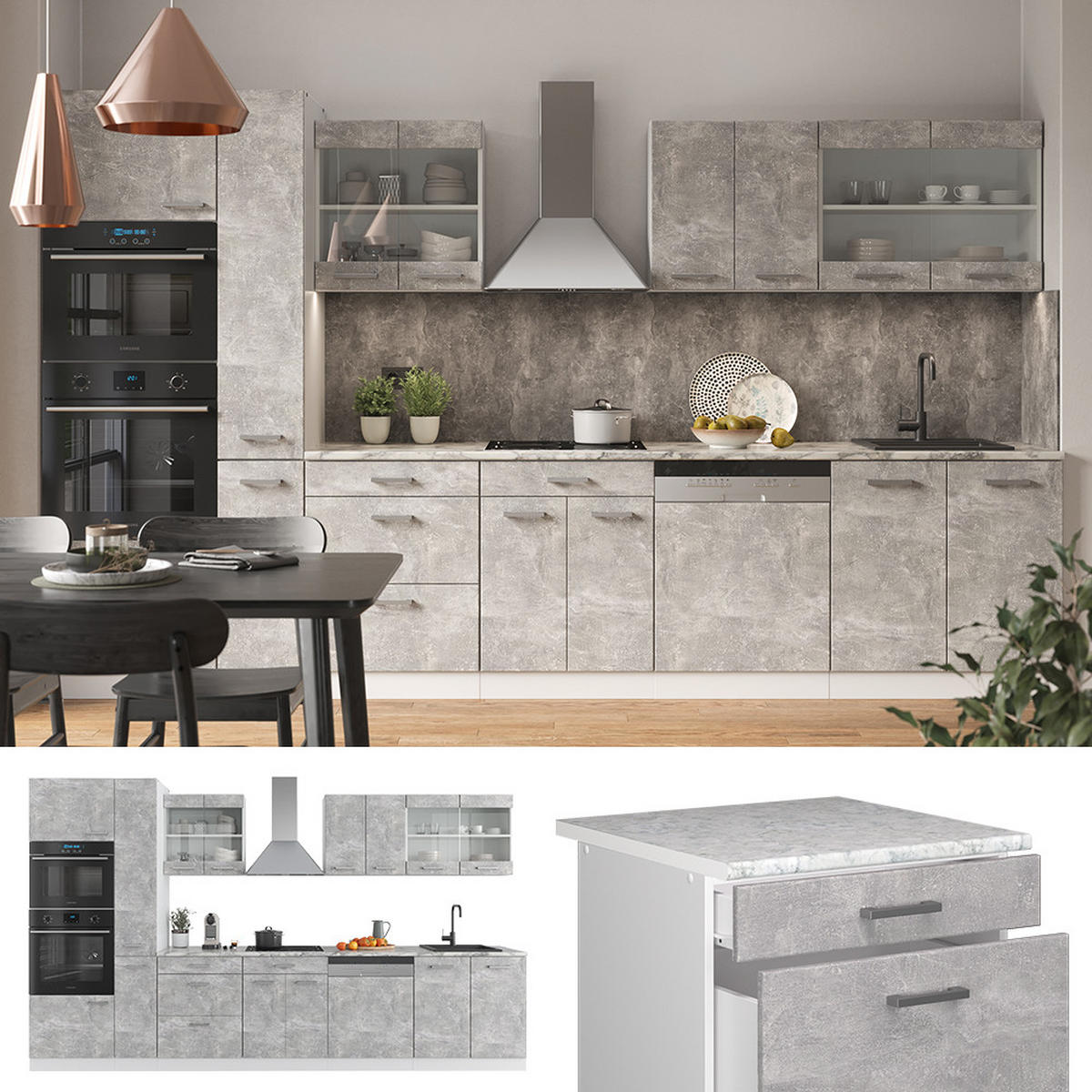 KÜCHENZEILE R-Line Beton/Weiß 350 cm mit Hochschrank, AP Eiche - Schieferfarben/Weiß, Holzwerkstoff (350/81.6/60cm) - Vicco