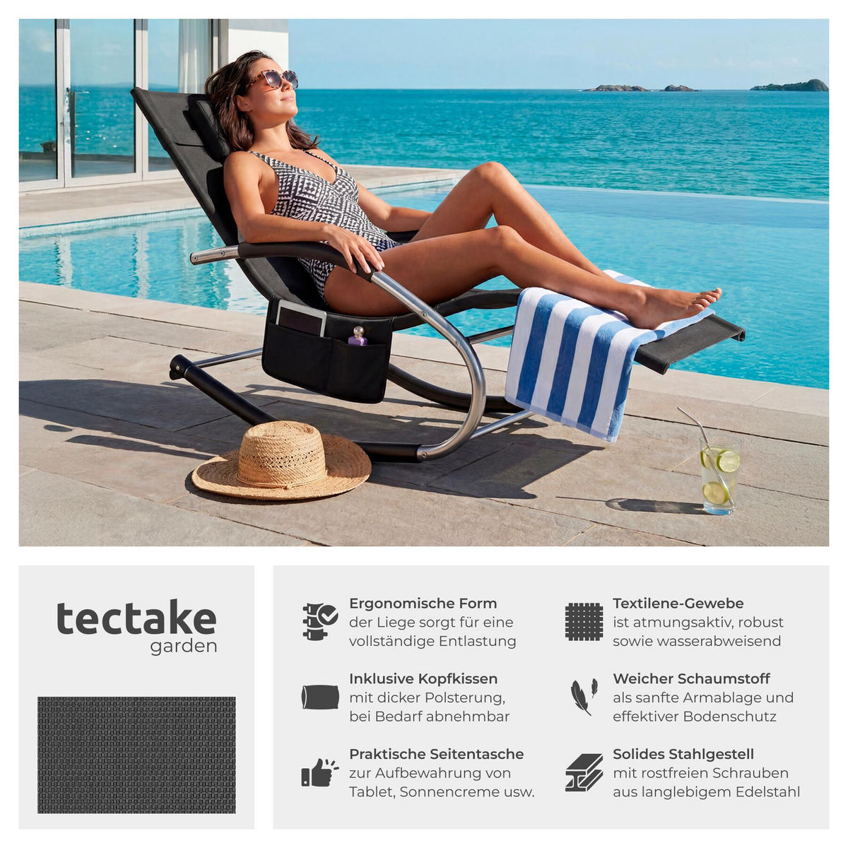 GARTENLIEGE Taya, abnehmbares Kopfpolster, seitliche Aufbewahrungstasche, schwarz - Schwarz, Kunststoff (62/92/142cm) - tectake
