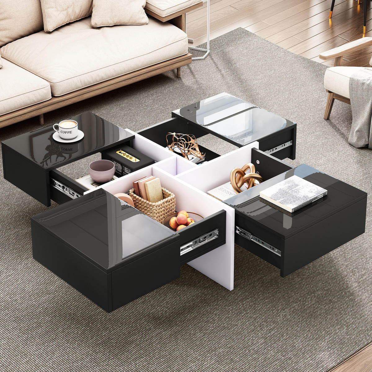 COUCHTISCH Hochglanz Oberfläche Schwarz Weiß mit 4 Schubladen und offenem Stauraum - Schwarz, Holzwerkstoff/Metall (70/70/35cm) - Urban Meuble
