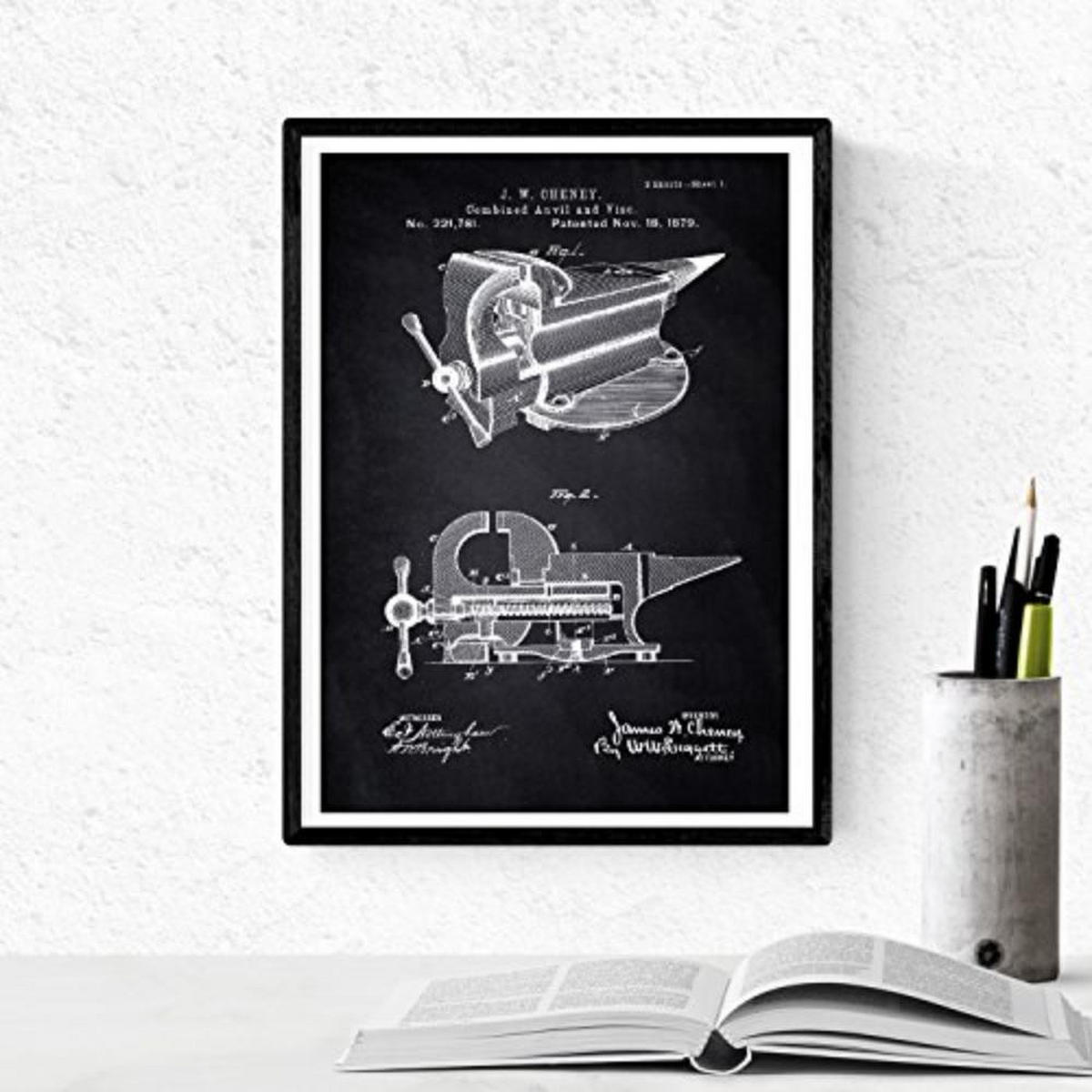 POSTER Set mit 4 Schwarz Patenten Werkzeuge 2 A4 Schwarzer Rahmen - Schwarz, Papier (29.7/3cm) - Nacnic