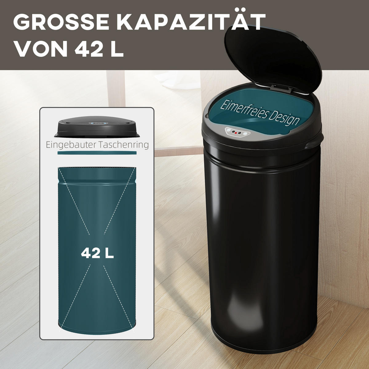 MÜLLEIMER mit Sensor 42L Edelstahl Automatischer Mülleimer mit Soft-Close-Deckel - Schwarz, Metall (30.5/68/30.5cm) - HOMCOM