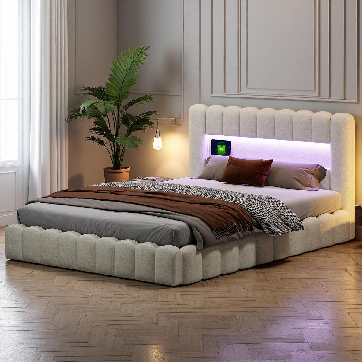 POLSTERBETT 180x200 cm Bubble Design LED USB Stauraum beige - Beige, Holz (180/200cm) - LEBENLANG