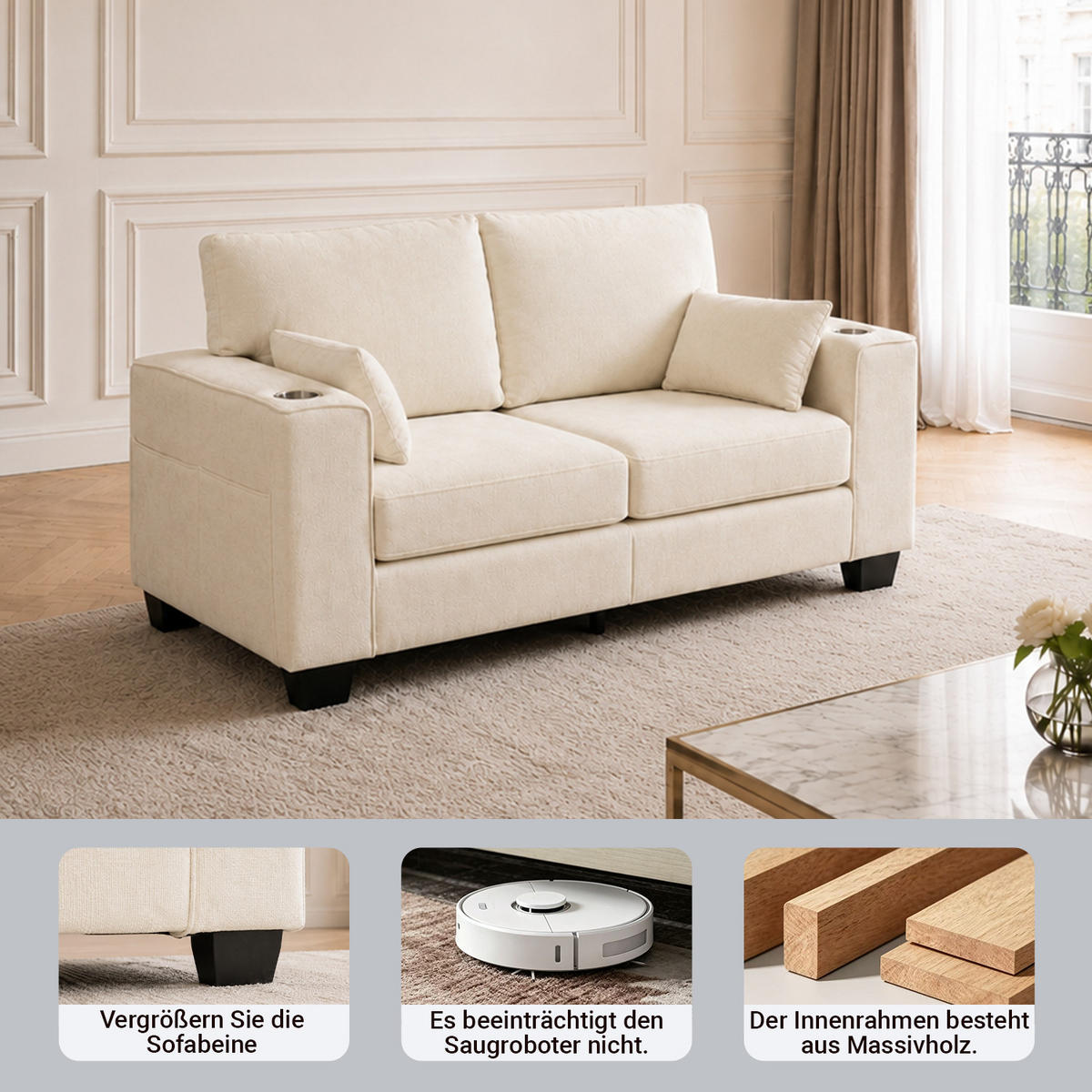 2-SITZER-SOFA 182 cm Chenille mit Getränkehaltern, DE-42913, Beige - Beige, Holz (182/96/79cm) - ComfortXL