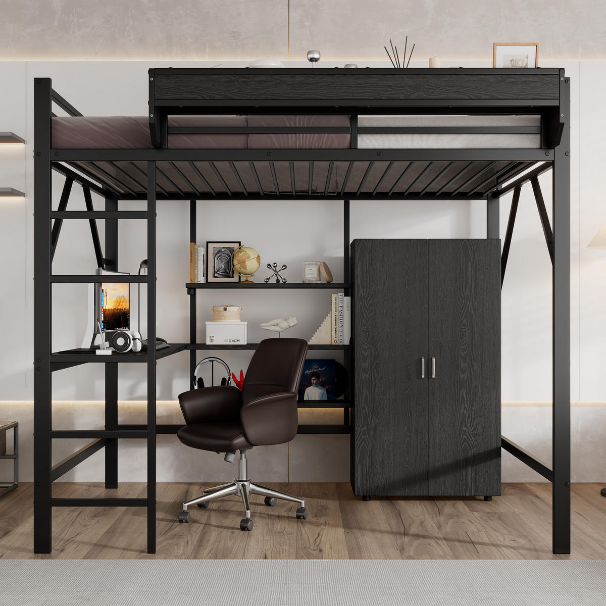 HOCHBETT 140/200 cm aus Metall und MDF mit Schreibtisch und Kleiderschrank Schwarz - Schwarz, Holzwerkstoff (140/200cm) - Modenvie