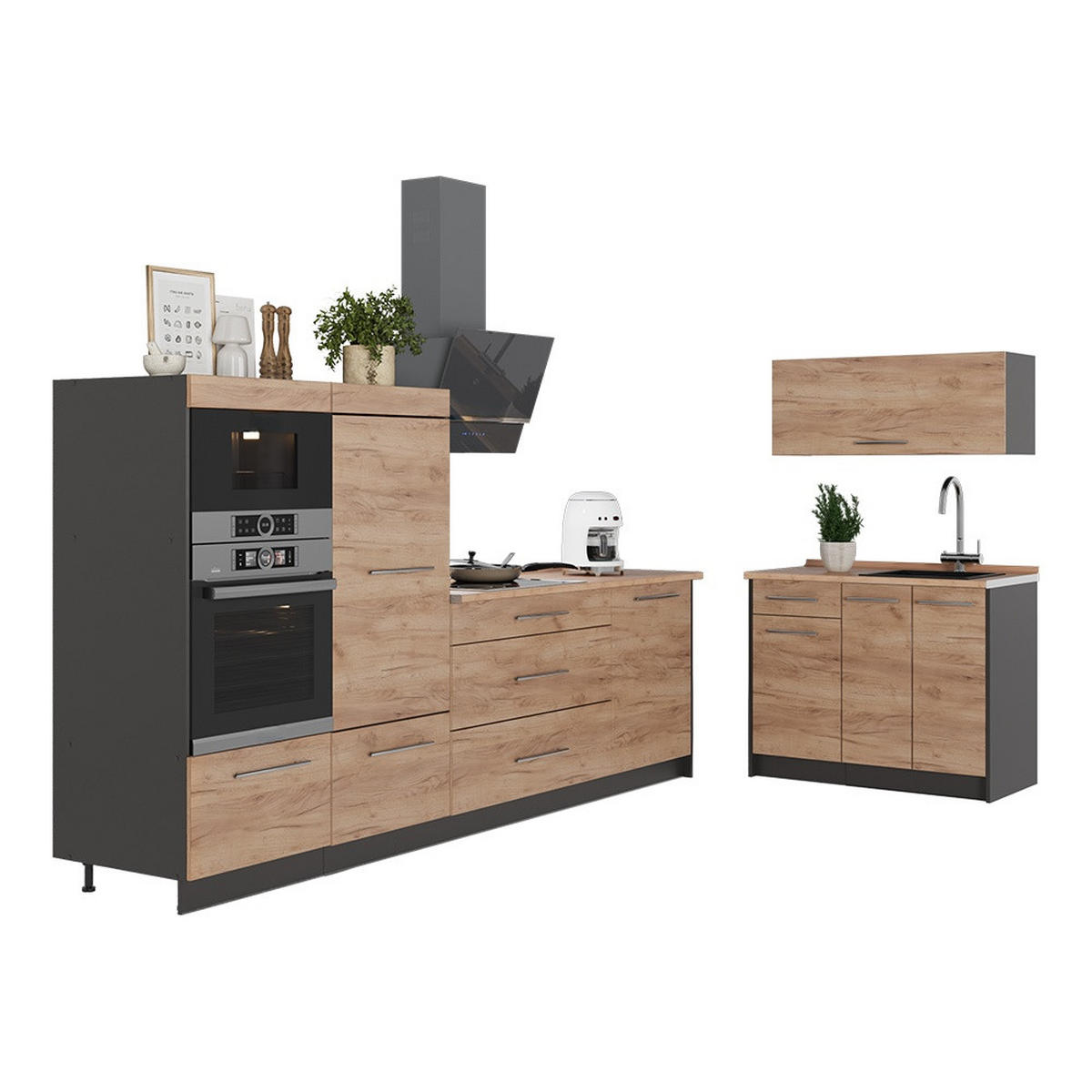 BUCĂTĂRIE Fame-Line, Stejar auriu/antracit, 380 cm, AP Antracit - culoare lemn stejar/antracit, compozit lemnos (380/153.6/60cm) - Vicco
