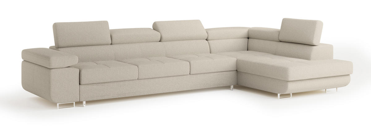 ECKSOFA VICENTE Beige Boucle-Stoff mit Schlaffunktion - Beige, Holz (346/202cm) - MASSENO