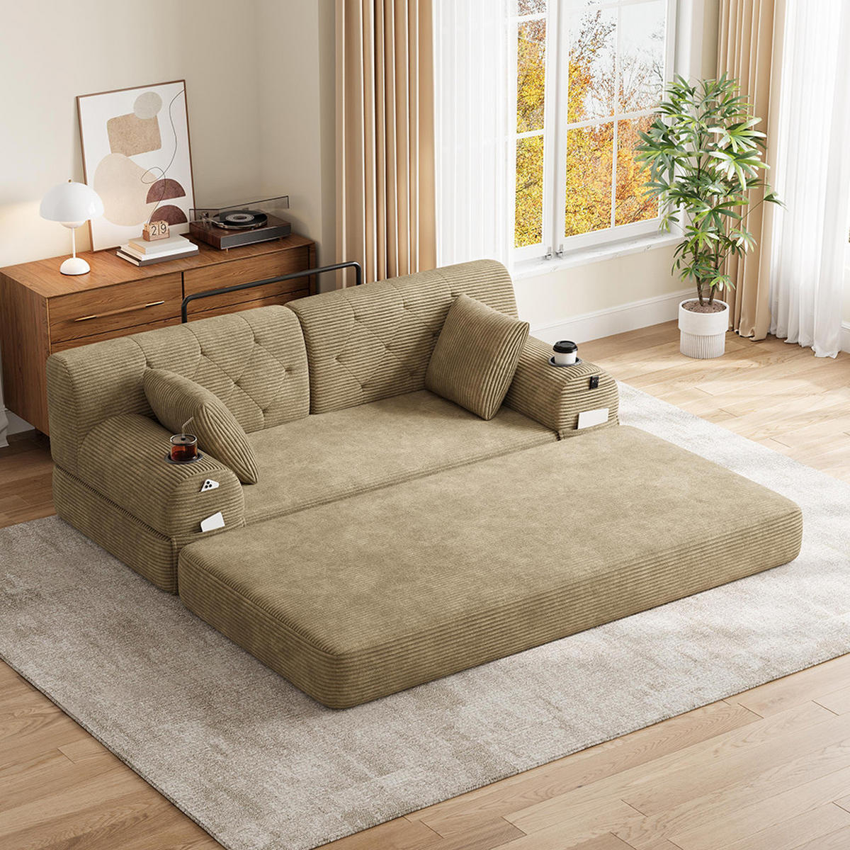 2-SITZER-SOFA – Cord, Metallrahmen, Becherhalter, kompakt, Khaki - Cappuccino, Textil (80/81/168cm) - KOMHTOM