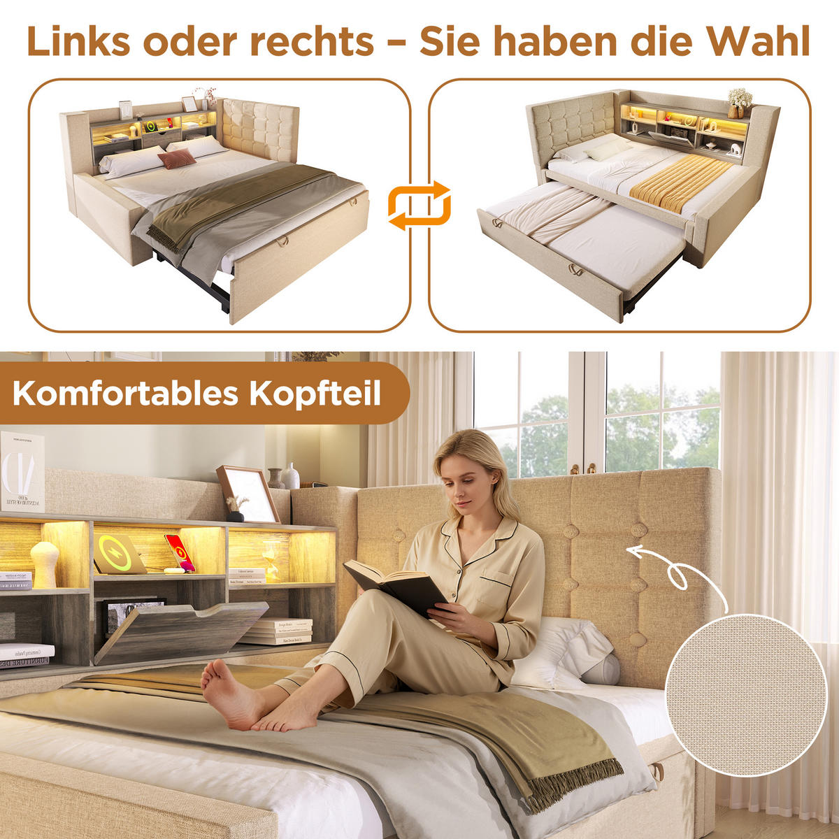 POLSTERBETT 90/200 cm aus Leinen mit Ausziehbett 90/190 cm, LED, USB-C, Stauraum und L-förmigem Kopfteil, Beige - Beige, Textil (90/200cm) - Redom