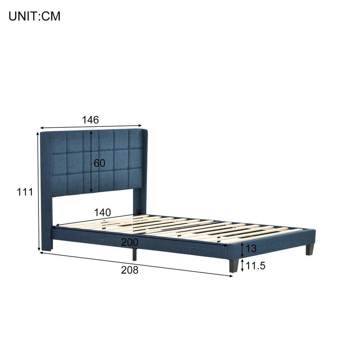 POLSTERBETT 140/200 cm in Blau Leinen - Blau, Holz/Textil (140/200cm) - KOMHTOM