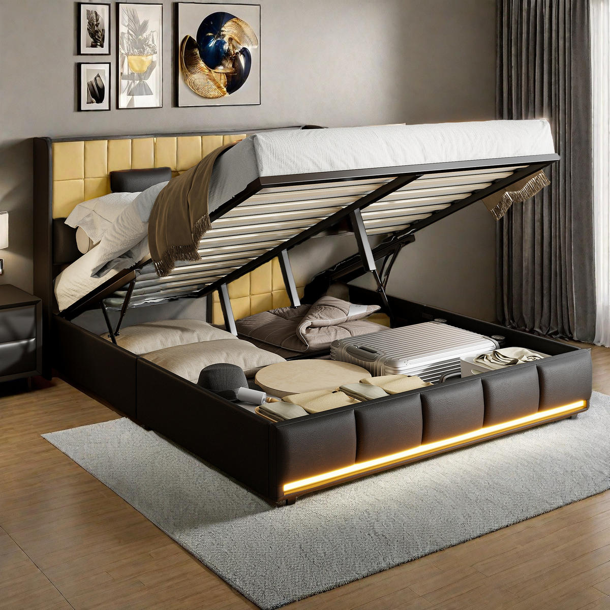 POLSTERBETT 140x200 Schwarz LED - Schwarz, Holzwerkstoff (140/200cm) - SHOPENTRA