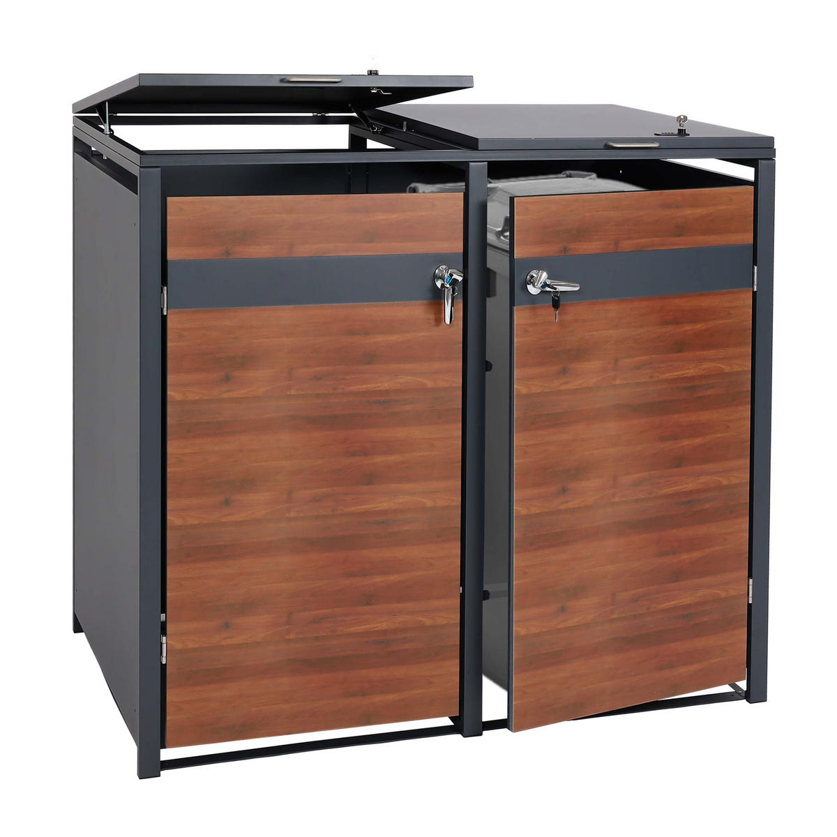 MÜLLTONNENBOX 2er 117x132x80cm Anthrazit Kirsche-Holzoptik Dunkelbraun - Kirschbaumfarben, Metall (132/117/80cm) - PROREGAL