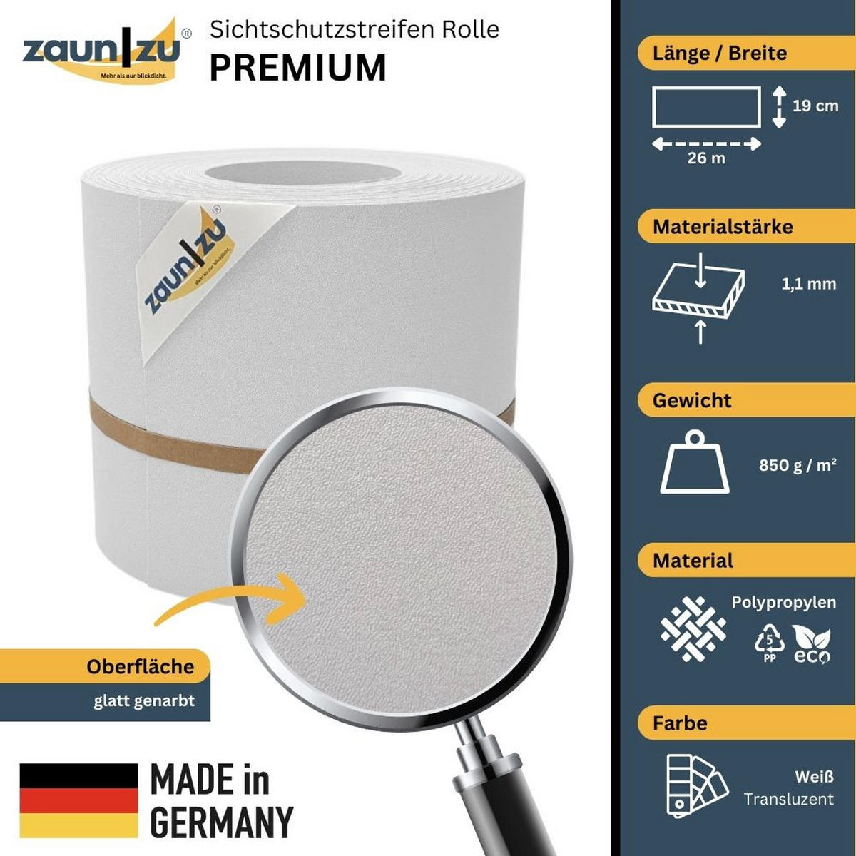 SICHTSCHUTZSTREIFEN Premium für Doppelstabmatten Zaunblende Weiß, 26m - Weiß, Kunststoff (2600/19cm) - ZAUN|ZU